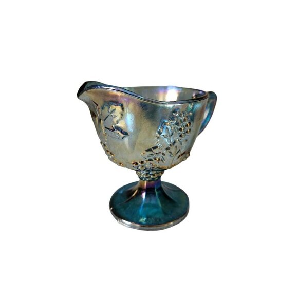 Indiana Harvest Grape Blue Carnival Glass Set of Sugar, Creamer, and Tray - Picture 9 of 10